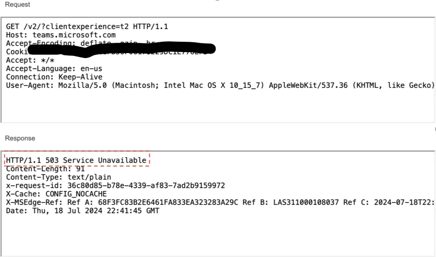 Microsoft Teamsにアクセスしようとした際に発生したHTTP503レスポンス