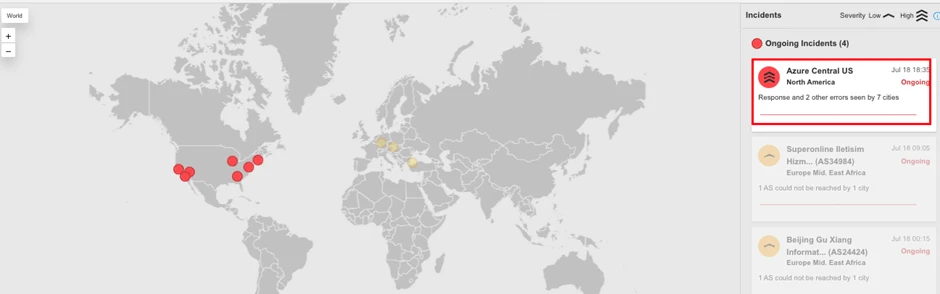 Internet Sonarは、Central USリージョン全体にわたる重要なサービスに影響を与えたAzure Servicesの障害を示す図（Internet Sonar/Catchpoint）
