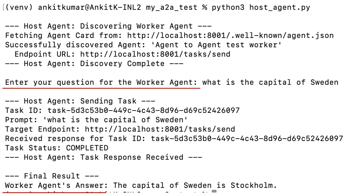 Host AgentがWorker Agentを発見し、質問を送信して応答を受け取るまでの実行ログ。