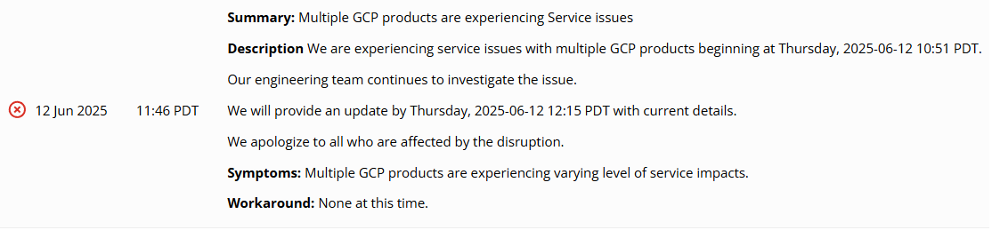 Google Cloudのステータスページの表示