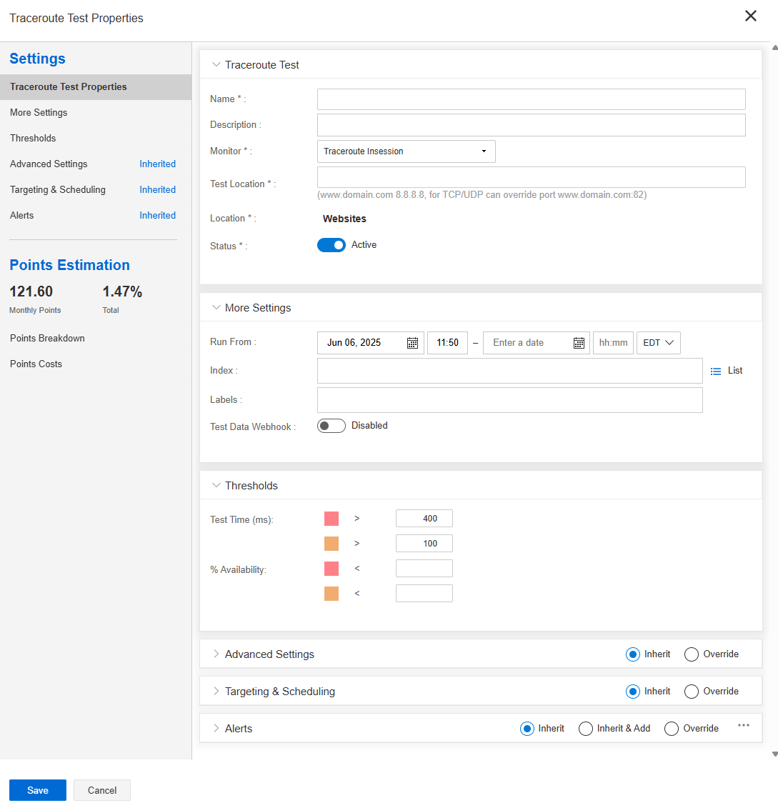 Traceroute Test Property画面