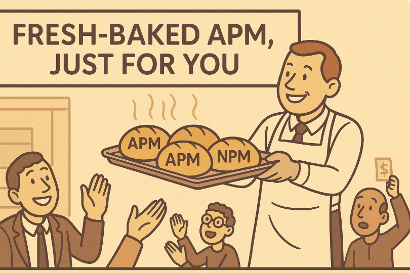 APMとNPMのパンを配るパン屋と客たち。