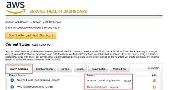 AWSのサービスヘルスダッシュボード画面